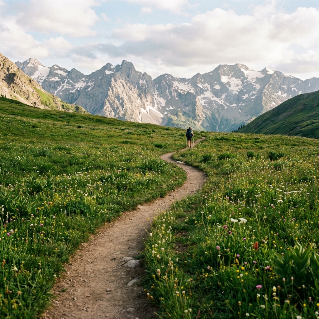 Winding trekking trail in alpine meadow